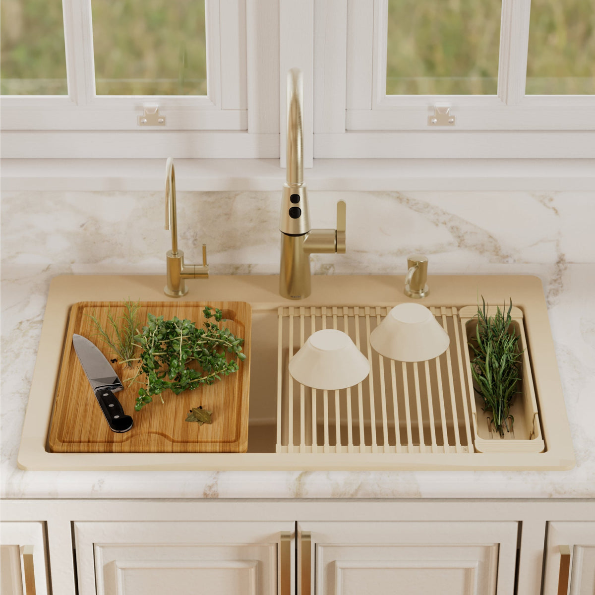33" Top Mount Double Bowl Quartz Kitchen Sink Kit In Bisque