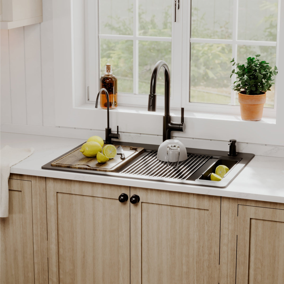 33" Top Mount Double Bowl Quartz Kitchen Sink Kit In Black