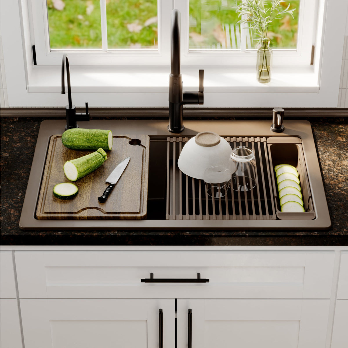 33" Top Mount Double Bowl Quartz Kitchen Sink Kit In Brown
