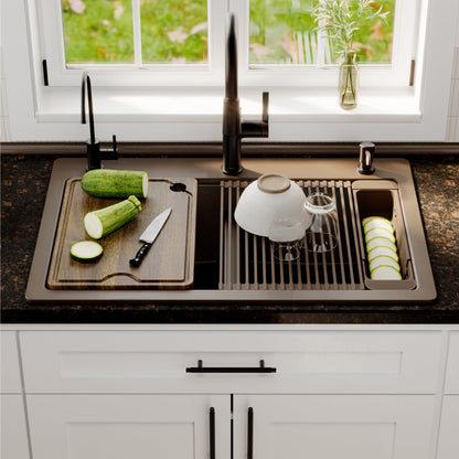 33" Top Mount Double Bowl Quartz Kitchen Sink Kit In Brown