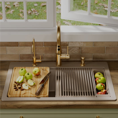 33" Top Mount Double Bowl Quartz Kitchen Sink Kit In Concrete