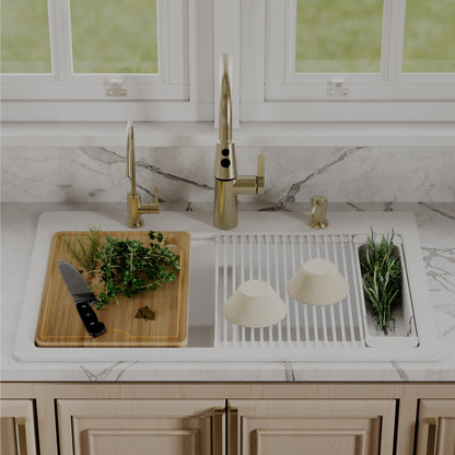 33" Top Mount Double Bowl Quartz Kitchen Sink Kit In White