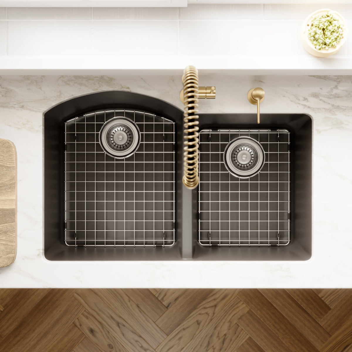 32-1/4" Undermount Double Offset Bowl Quartz Composite Kitchen Sink Kit In Black
