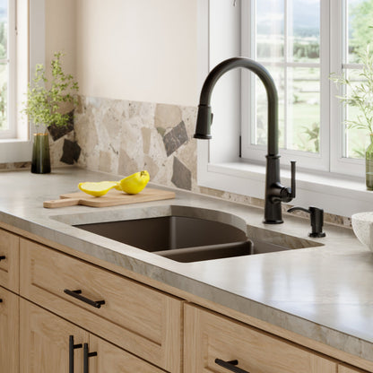 32-1/4" Undermount Double Offset Bowl Quartz Composite Kitchen Sink Kit In Brown
