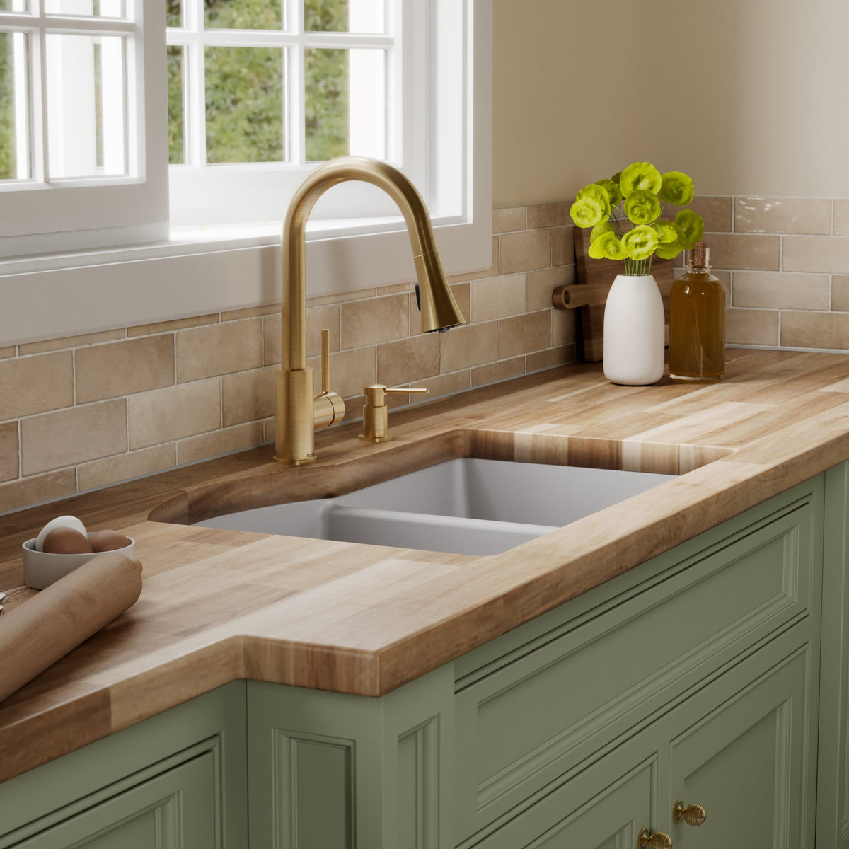 32-1/4" Undermount Double Offset Bowl Quartz Composite Kitchen Sink Kit In Grey