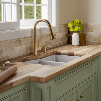 32-1/4" Undermount Double Offset Bowl Quartz Composite Kitchen Sink Kit In Grey