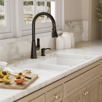 32-1/4" Undermount Double Offset Bowl Quartz Composite Kitchen Sink Kit In White