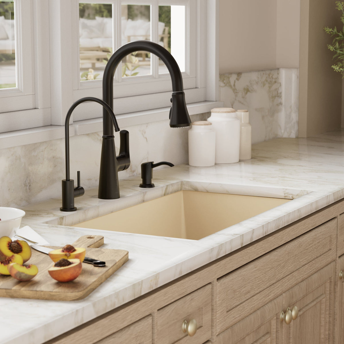 31-5/8" Undermount Large Single Bowl Quartz Composite Kitchen Sink Kit In Bisque
