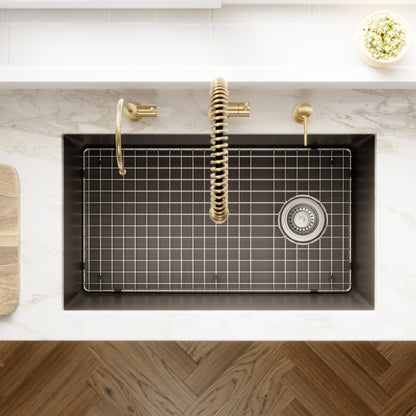 31-5/8" Undermount Large Single Bowl Quartz Composite Kitchen Sink Kit In Black