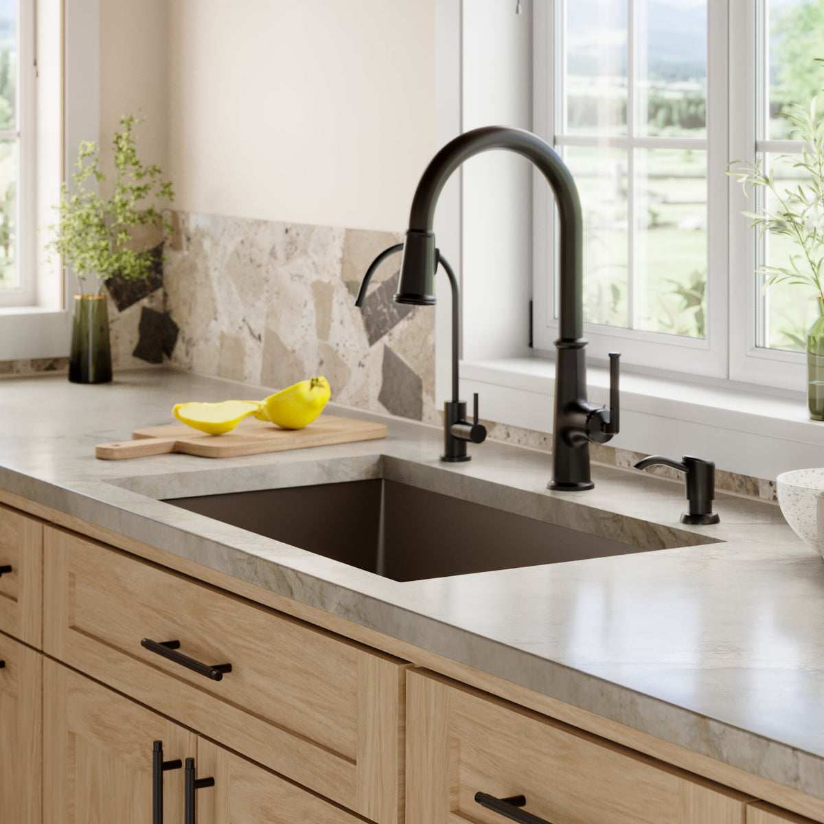 31-5/8" Undermount Large Single Bowl Quartz Composite Kitchen Sink Kit In Brown