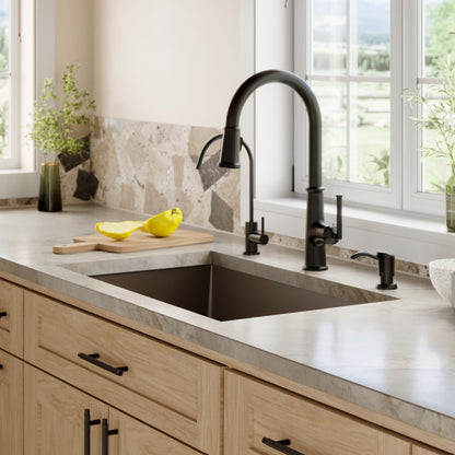 31-5/8" Undermount Large Single Bowl Quartz Composite Kitchen Sink Kit In Brown