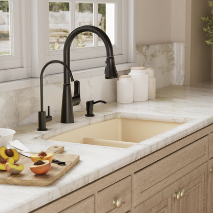32-1/2" Undermount Double Offset Bowl Quartz Composite Kitchen Sink Kit In Bisque