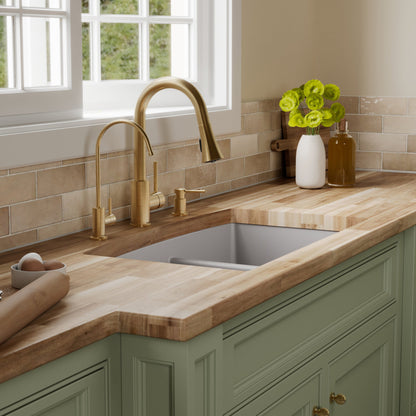 32-1/2" Undermount Double Offset Bowl Quartz Composite Kitchen Sink Kit In Grey