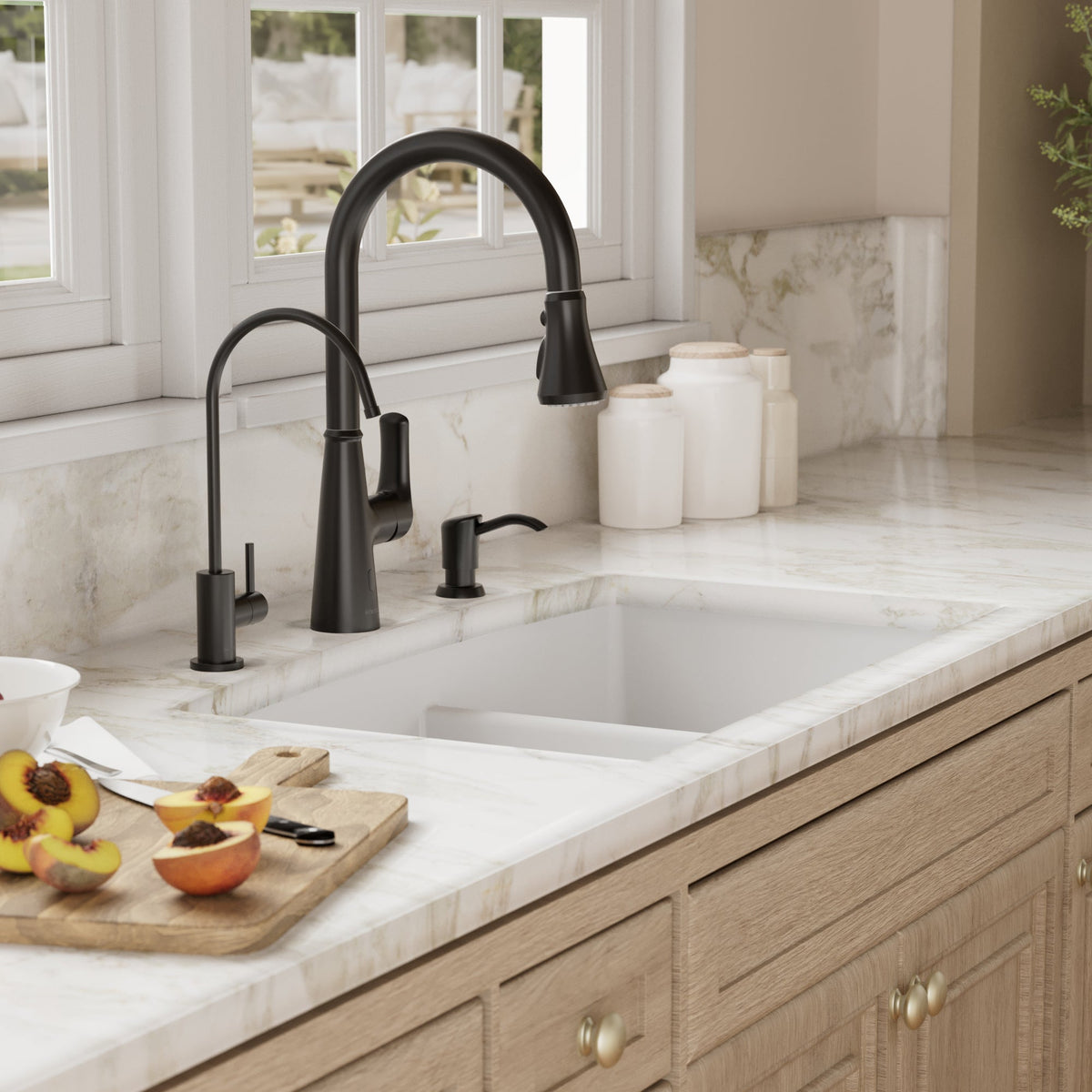 32-1/2" Undermount Double Offset Bowl Quartz Composite Kitchen Sink Kit In White
