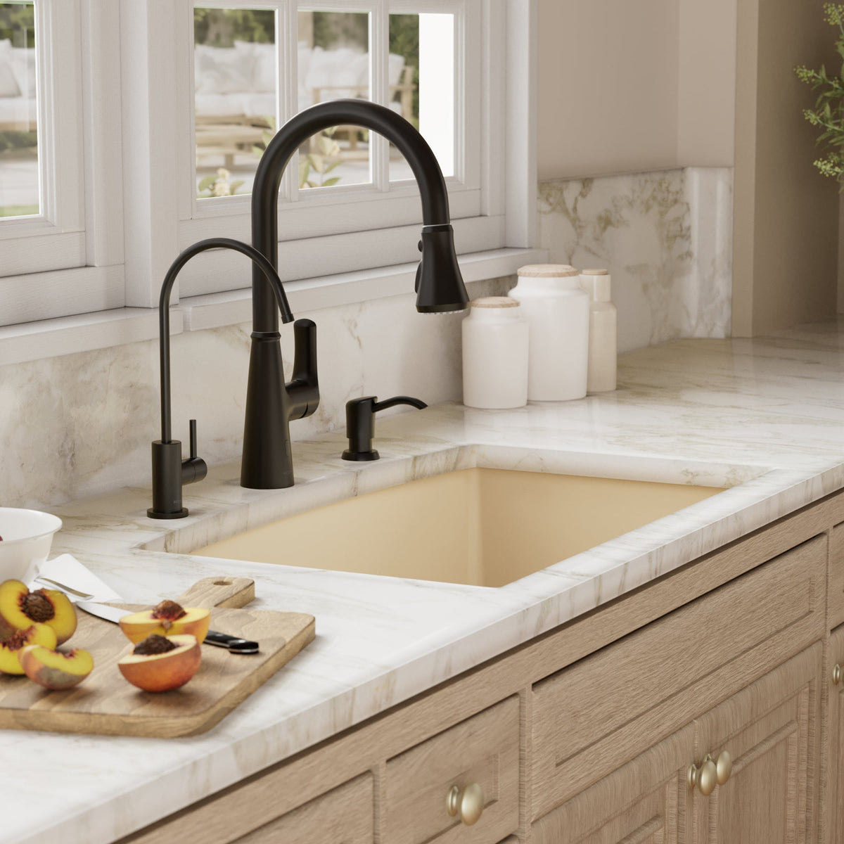 32-1/2" Undermount Large Single Bowl Quartz Composite Kitchen Sink Kit In Bisque