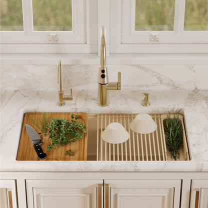 32" Undermount Double Bowl Quartz Kitchen Sink Kit In Bisque