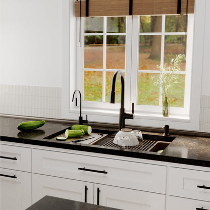 32" Undermount Double Bowl Quartz Kitchen Sink Kit In Brown