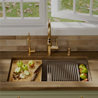 32" Undermount Double Bowl Quartz Kitchen Sink Kit In Concrete