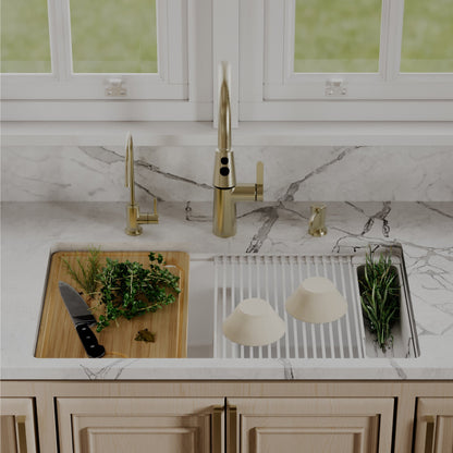 32" Undermount Double Bowl Quartz Kitchen Sink Kit In White