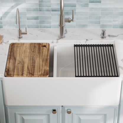 Fireclay 33" Reversible Apron Front Double Bowl Workstation Kitchen Sink In White