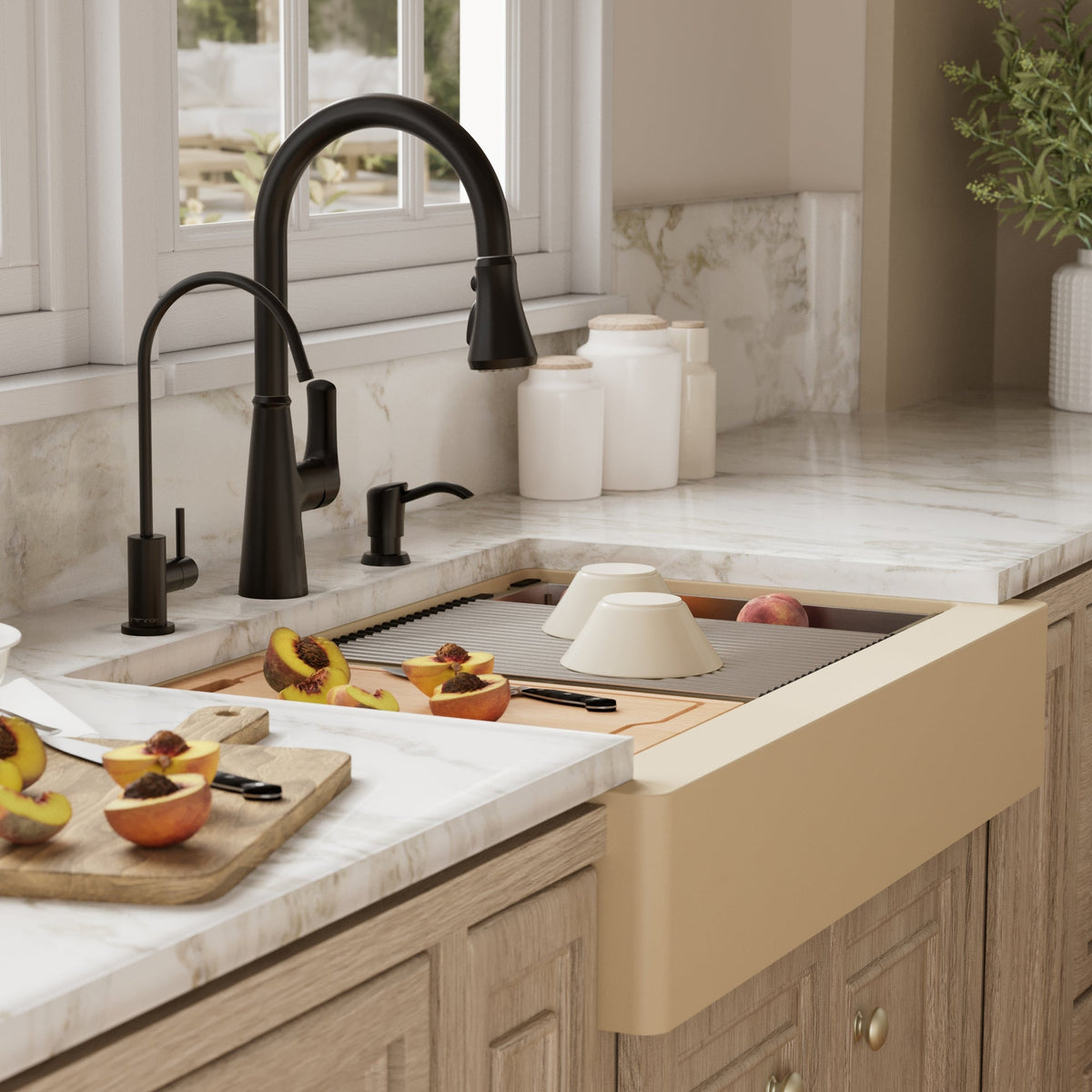 34" Retrofit Farmhouse Large Single Bowl Quartz Composite Workstation Kitchen Sink In Bisque