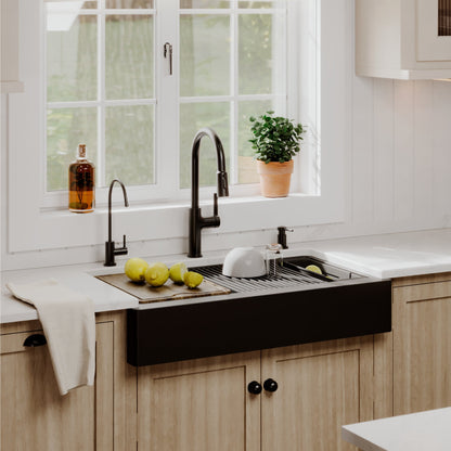 34" Apron Front Single Bowl Quartz Kitchen Sink Kit In Black