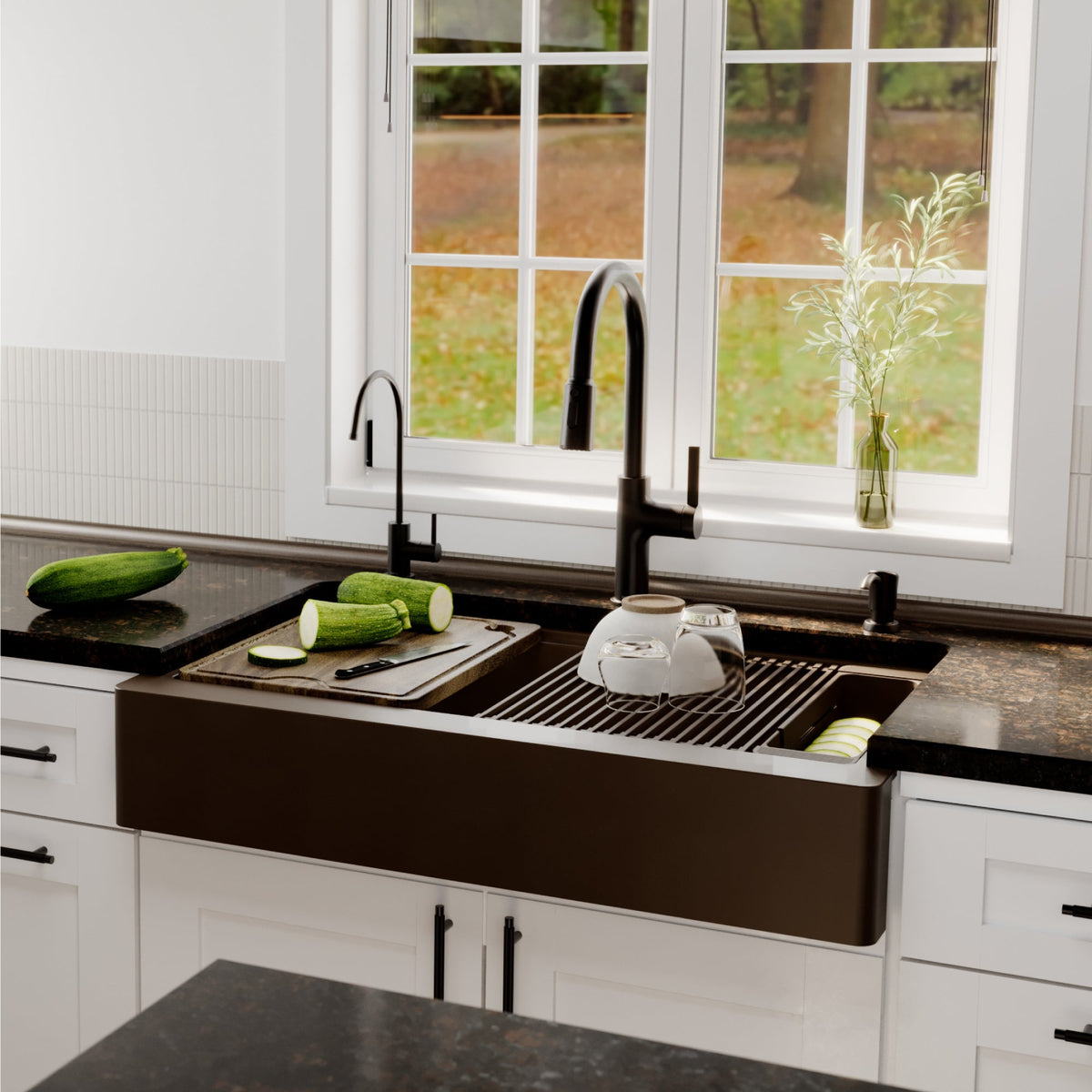 34" Apron Front Single Bowl Quartz Kitchen Sink Kit In Brown