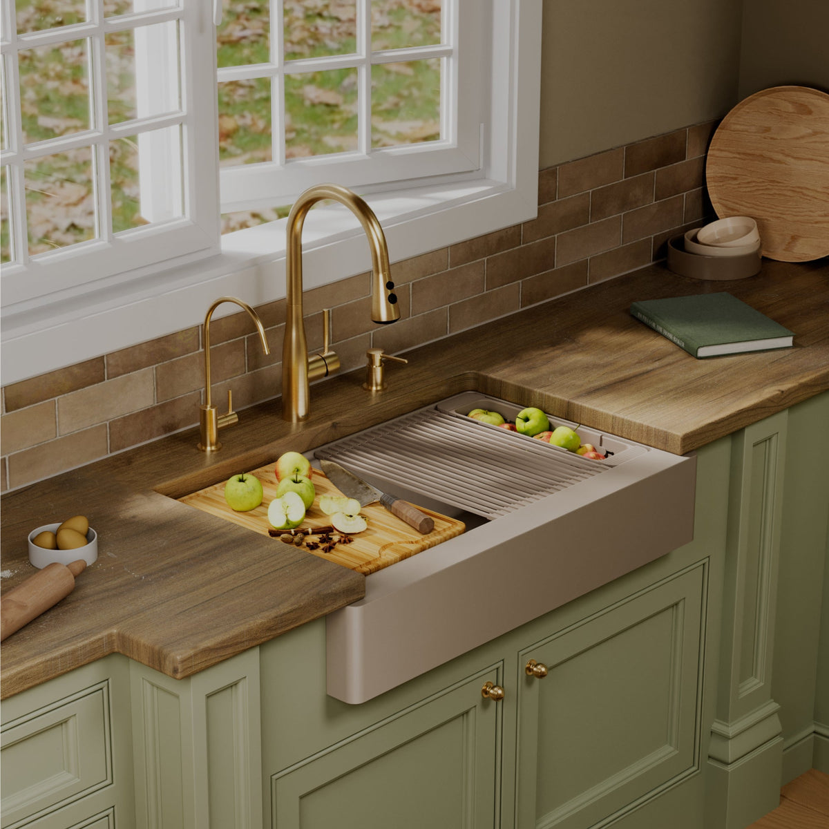 34" Apron Front Single Bowl Quartz Kitchen Sink Kit In Concrete