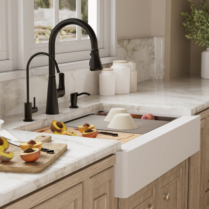 34" Retrofit Farmhouse Large Single Bowl Quartz Composite Workstation Kitchen Sink In White