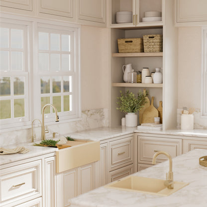 34" Deep Apron Front Single Bowl Quartz Kitchen Sink Kit In Bisque