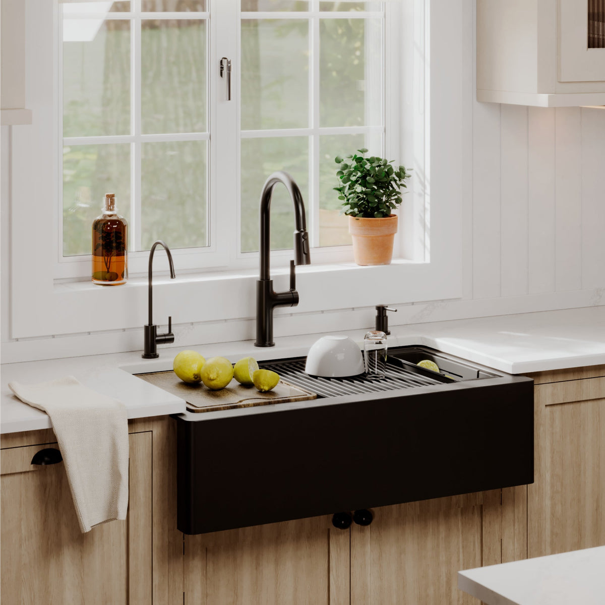 34" Deep Apron Front Single Bowl Quartz Kitchen Sink Kit In Black