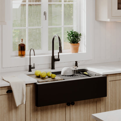 34" Deep Apron Front Single Bowl Quartz Kitchen Sink Kit In Black