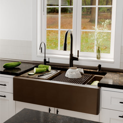 34" Deep Apron Front Single Bowl Quartz Kitchen Sink Kit In Brown