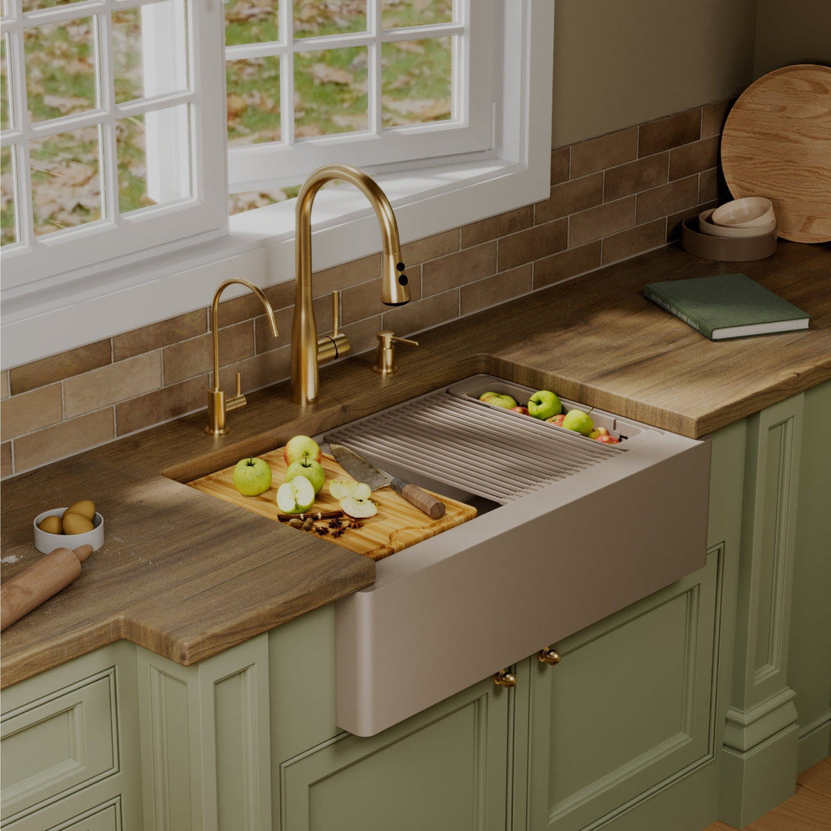 34" Deep Apron Front Single Bowl Quartz Kitchen Sink Kit In Concrete