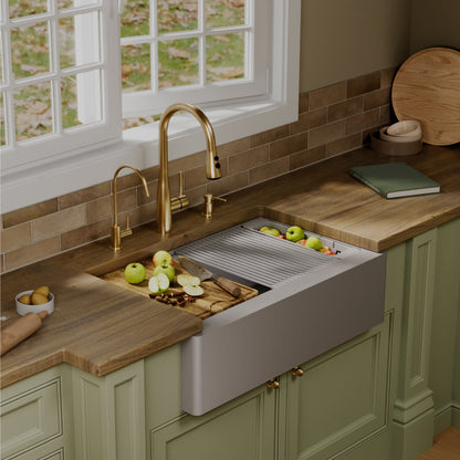 34" Deep Apron Front Single Bowl Quartz Kitchen Sink Kit In Grey