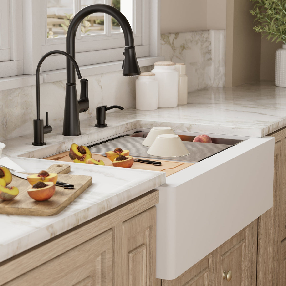 34" Farmhouse Large Single Bowl Quartz Composite Workstation Kitchen Sink In White