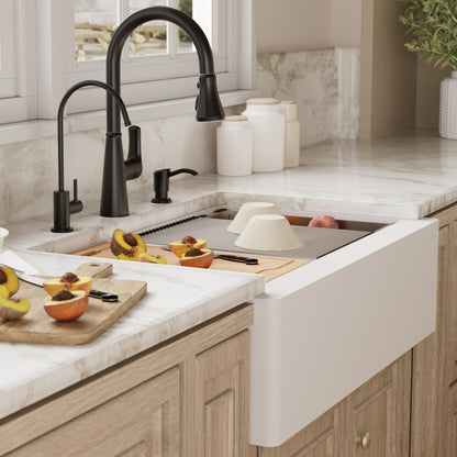 34" Farmhouse Large Single Bowl Quartz Composite Workstation Kitchen Sink In White
