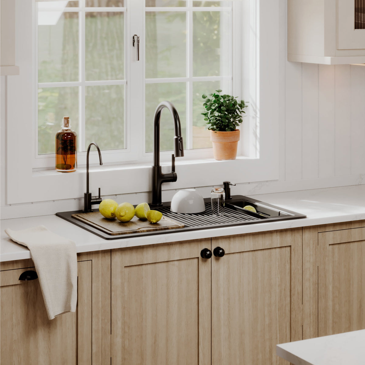 33" Top Mount Single Bowl Quartz Kitchen Sink Kit In Black