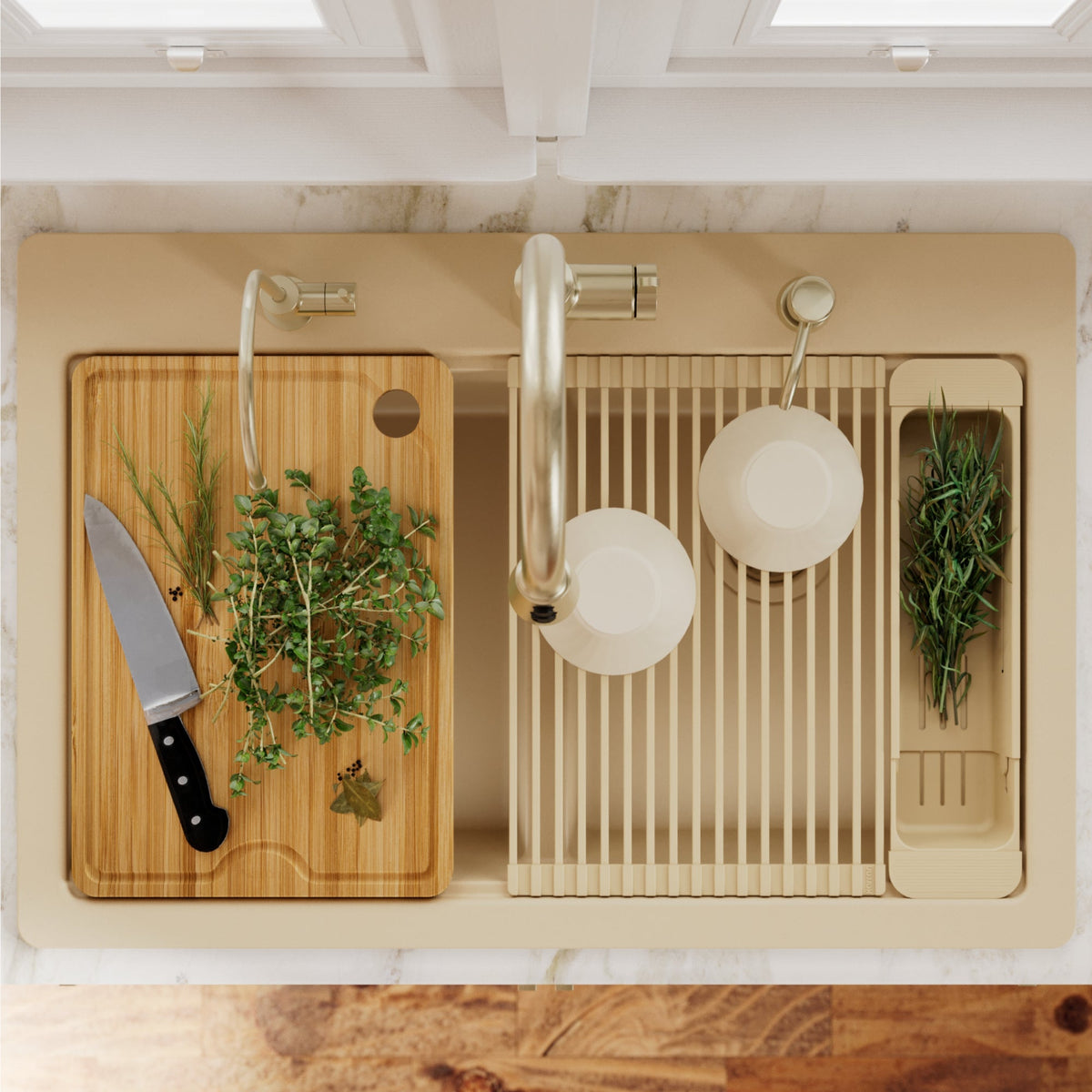 33" Top Mount Double Bowl Quartz Kitchen Sink Kit In Bisque