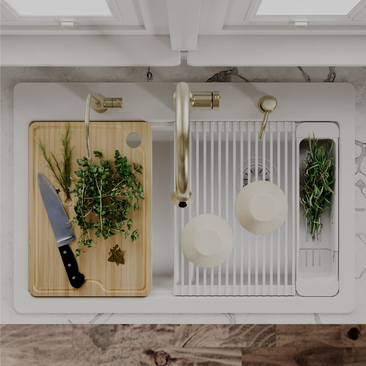 33" Top Mount Double Bowl Quartz Kitchen Sink Kit In White