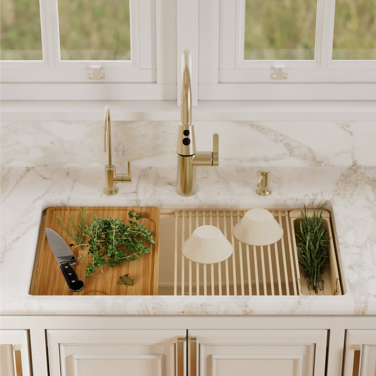 32" Undermount Single Bowl Quartz Kitchen Sink Kit In Bisque