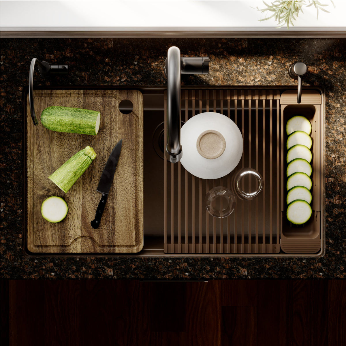32" Undermount Single Bowl Quartz Kitchen Sink Kit In Brown