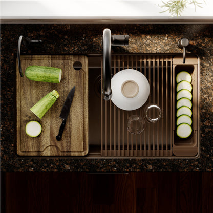 32" Undermount Single Bowl Quartz Kitchen Sink Kit In Brown