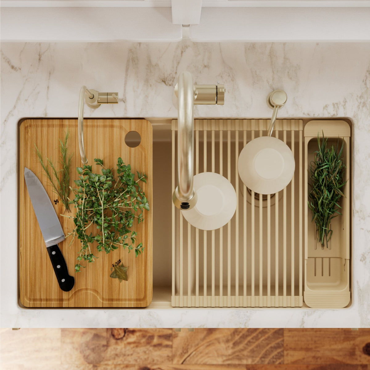 32" Undermount Double Bowl Quartz Kitchen Sink Kit In Bisque