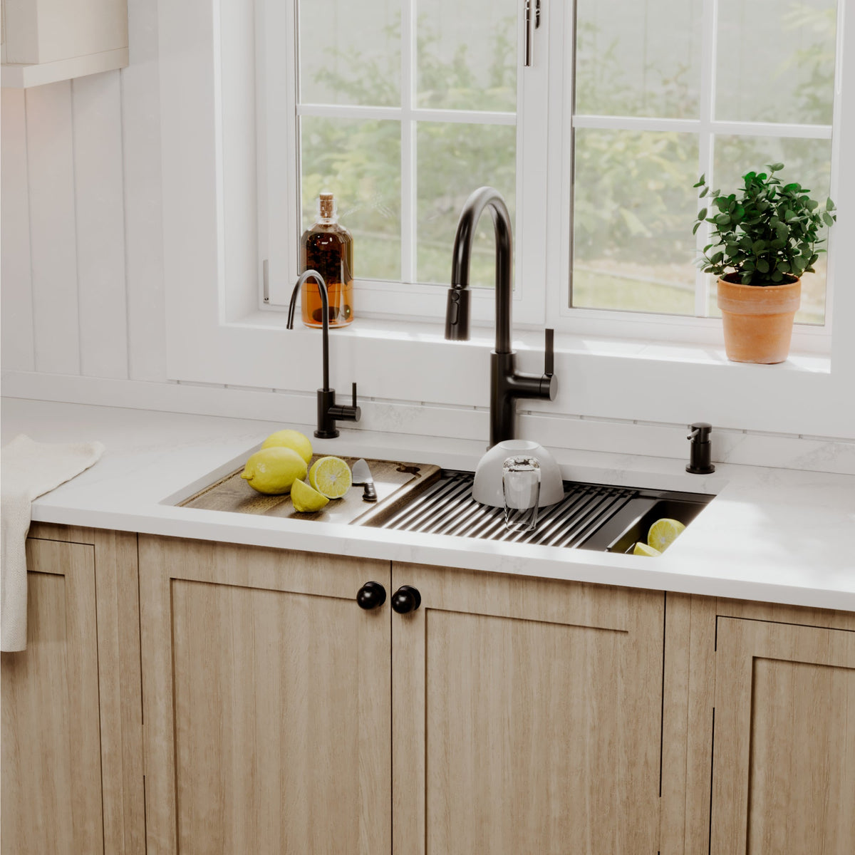 32" Undermount Double Bowl Quartz Kitchen Sink Kit In Black
