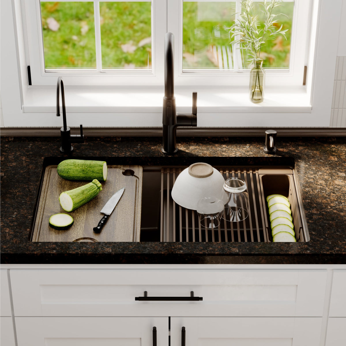 32" Undermount Double Bowl Quartz Kitchen Sink Kit In Brown