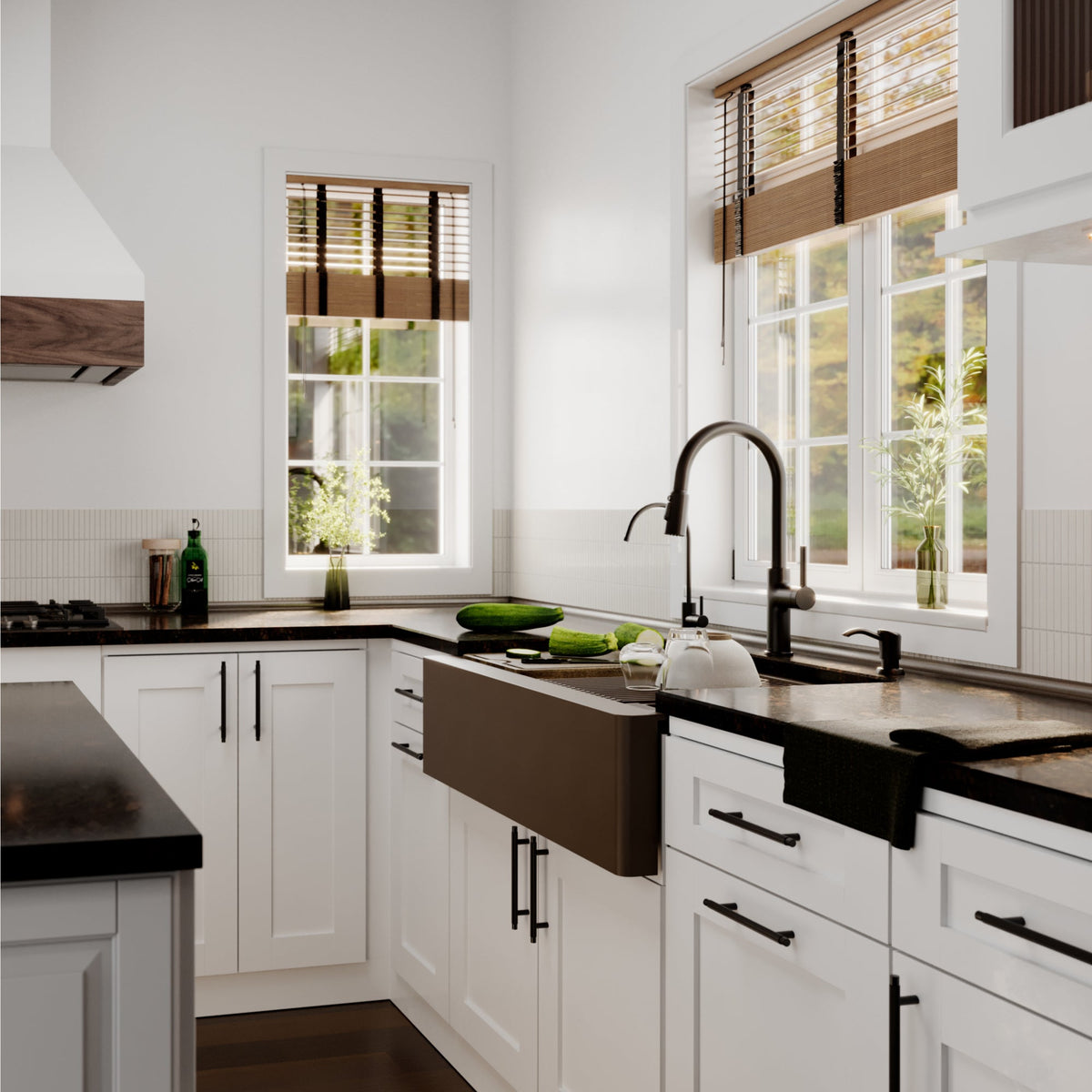 34" Deep Apron Front Single Bowl Quartz Kitchen Sink Kit In Brown