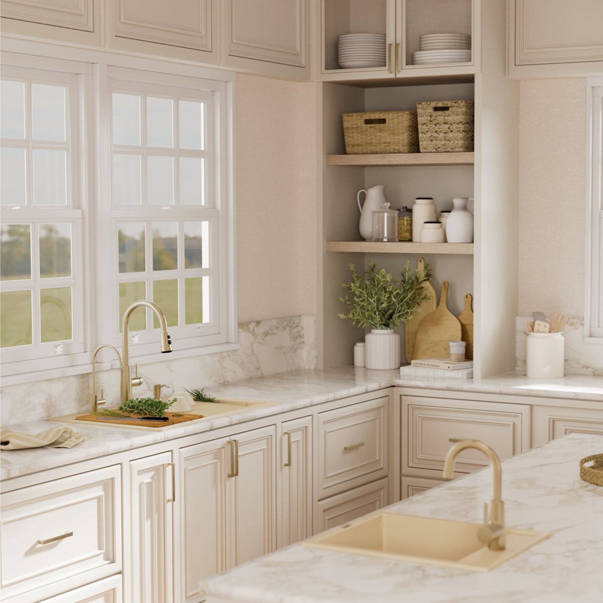 33" Top Mount Double Bowl Quartz Kitchen Sink Kit In Bisque