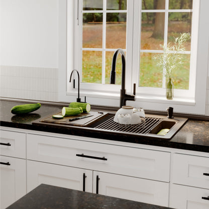 33" Top Mount Double Bowl Quartz Kitchen Sink Kit In Brown