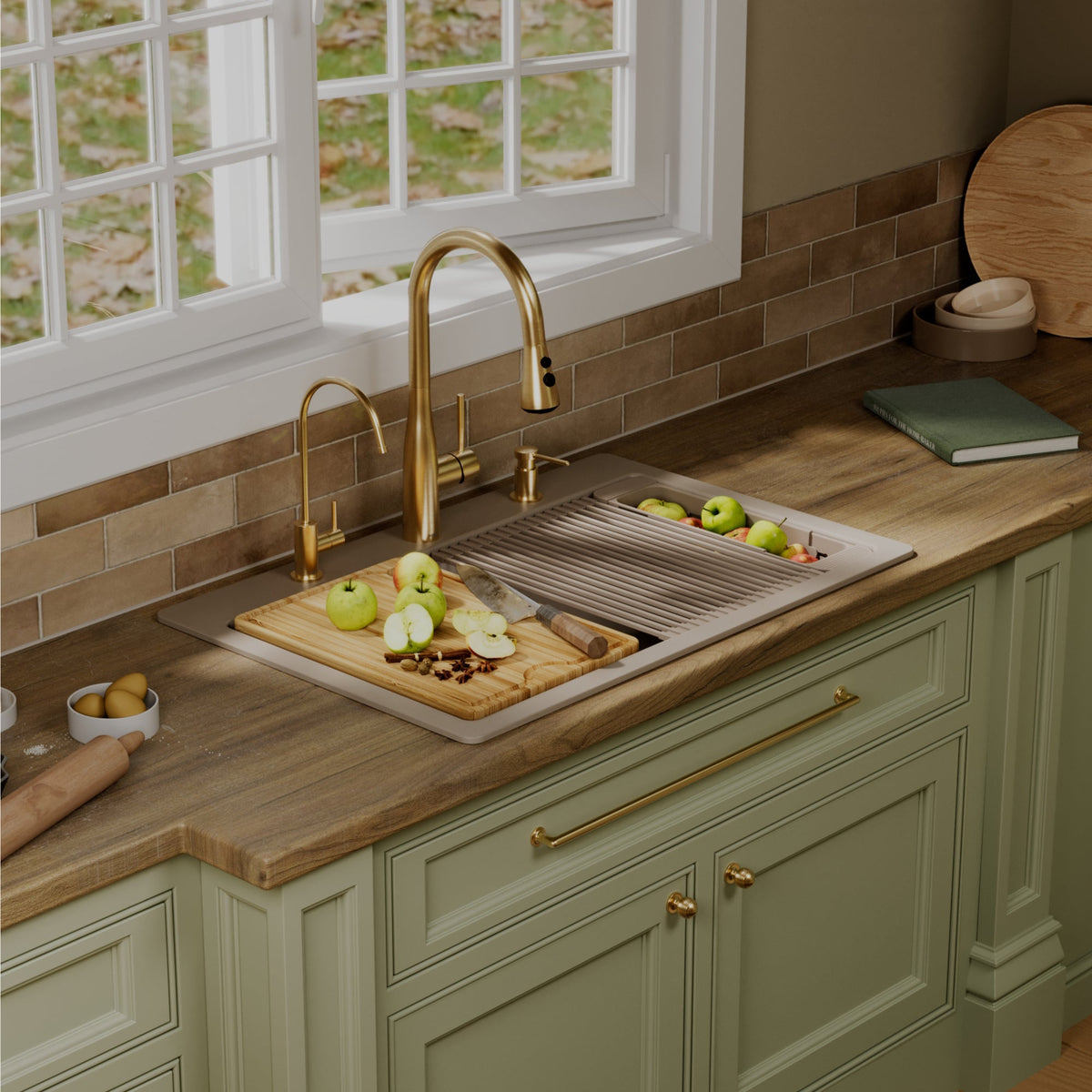 33" Top Mount Double Bowl Quartz Kitchen Sink Kit In Concrete